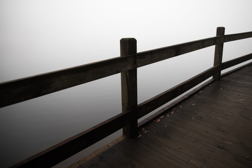 A wooden railing along the water's edge.